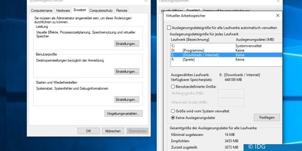 Hier können die Einstellungen für die Windows-Auslagerungsdatei pagefile.sys verändert werden (c) IDG