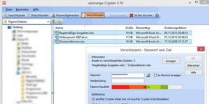 aborange Crypter Das Programm von Aborange arbeitet nach dem AES-Verfahren, um Ihre Dateien, Texte und Mails sicher zu verschlüsseln. Mit dem integrierten Passwortgenerator haben Sie auch immer gleich sichere Passwörter zur Hand. Und damit keiner Ihre Datenreste auslesen kann, löscht das Tool auch Dateien durch mehrmaliges Überschreiben sehr sicher.