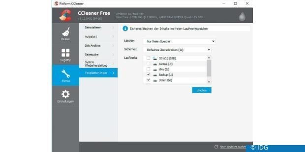 Wer verschlüsselte Daten auch mal auf einem unverschlüsselten Laufwerk speichert, sollte die Daten später gründlich löschen. Hier hilft etwa der Ccleaner mit seiner Wiper-Funktion. (c) IDG