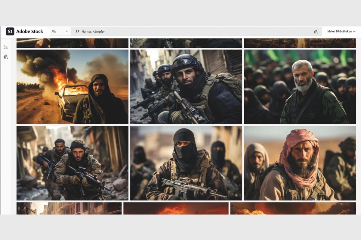 Vom Deutschen Fotorat präsentiertes Beispiel von mit künstlicher Intelligenz erzeugten Bildern, die bei Adobe Stock unter dem Stichwort »Gaza« angeboten werden. (c) Deutscher Fotorat