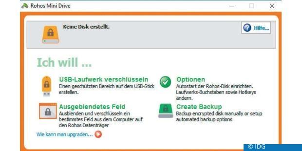 Das kostenlose Tool Rohos erstellt einen verschlüsselten Bereich auf einem USB-Stick. Dieser lässt sich auch ohne Administratorrechte an fremden PCs nutzen. (c) IDG