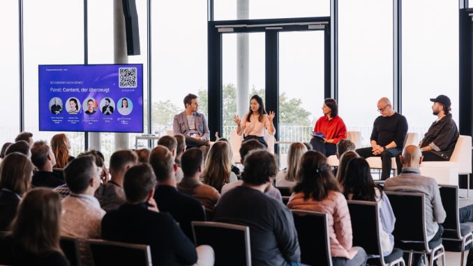 Christoph Schliecker-Magnani (Meta), Joanna Zhou (maqaroon), Maria Holzinger (e-dialog), Oliver Rosenthal (Creative Works | Google) und Julius Winter (TikTok) diskutierten im Panel zu Content, der überzeugt. (c) YvonneFetz/StudioF