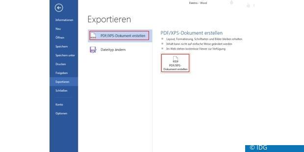 Eine zusätzliche Option, um ein Dokument als PDF zu speichern, besteht darin, dieses als PDF zu exportieren. (c) IDG