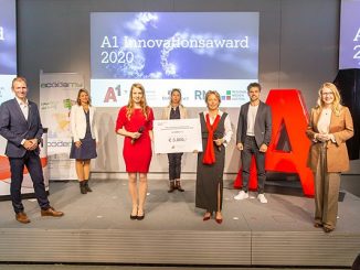 Martin Resel (A1 CCO Enterprise), Emilia Schützenhofer (fit4internet), Elisabeth Weißenböck (acodemy), Maria Jelenko-Benedikt (RMA), Anna Relle Stieger (acodemy), Michael Altrichter (Startup-Beauftragter des BMDW), Bundesministerin für Digitalisierung und Wirtschaftsstandort Margarete Schramböck. (c) A1/APA/Juhasz