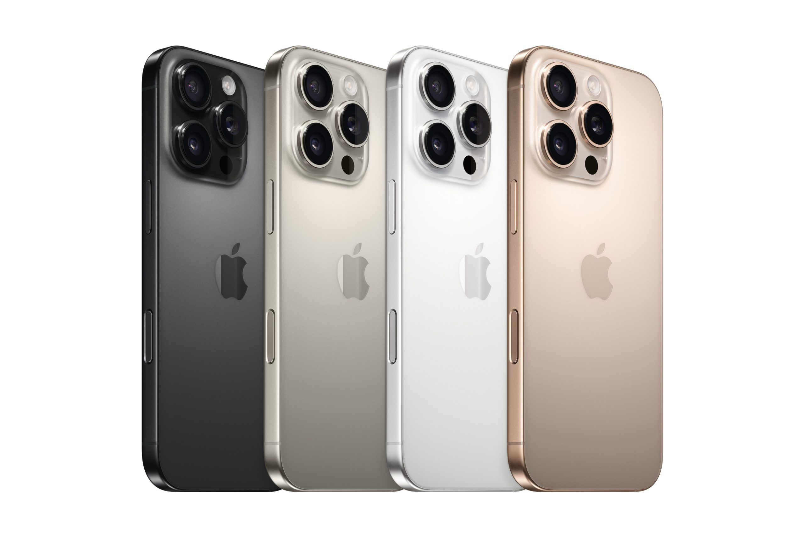 iPhone 16 Pro und iPhone 16 Pro Max werden in vier Farben erhältlich sein: Titan Schwarz, Titan Natur, Titan Weiss und Titan Wüstensand. (c) Apple