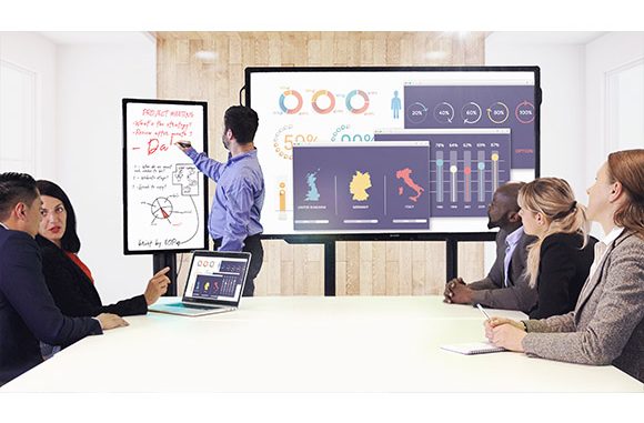 Acht von zehn Büroangestellten gaben an, an ihrem Arbeitsplatz produktiver zu sein als in Meetings. Eine bessere Vorbereitung und Ausstattung, wie z.B. interaktive Touchscreen-Displays, können die Produktivität einer Besprechung steigern.