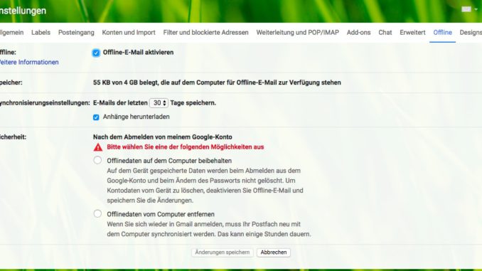 Unter Einstellungen > Offline kann das Daten Handling von heruntergeladenen Emails verwaltet werden. (c) Screenshot Gmail