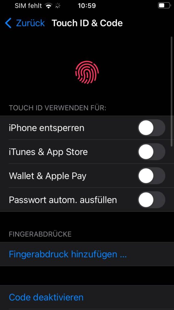 Screenshot des Touch ID & Code Menüs eines iPhones. 