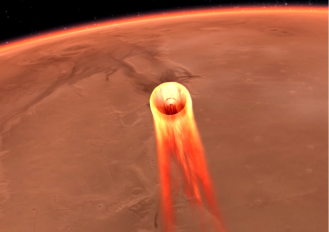 Grafik des Landeanflugs und Eintritts in die Mars-Atmosphäre der NASA-Landesonde InSight.