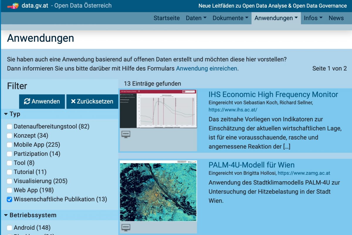 Wiederverwendung offener Daten à la carte: das österreichische nationale Open-Data-Portal. (c) Screenshot