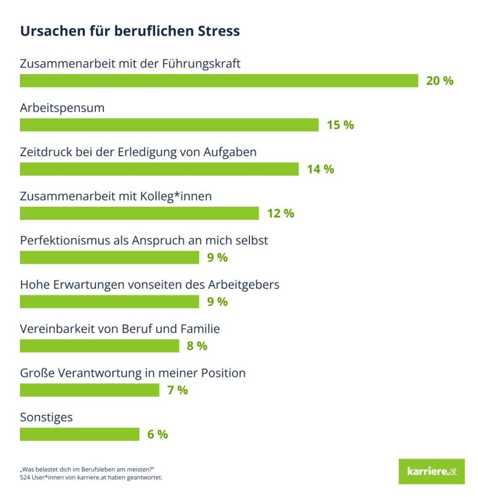 Grafik zu Ursachen für beruflichen Stress. Zusammenarbeit mit der Führungsplatz führt mit 20%, danach mit 15% erst das Arbeitspensum.