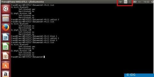 Wir haben mit rfkill Bluetooth und Wlan ein- und dann wieder ausgeschaltet. Als wir den Screenshot auf unserem Tuxedo-Notebook erstellt haben, war WLAN aktiv und Bluetooth inaktiv. (c) IDG