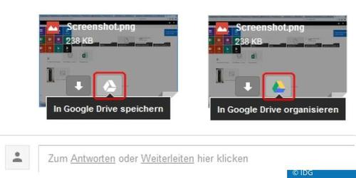 Speichern eines Anhangs in Googlemail / Gmail: Beim Drüberfahren mit der Maus (links) erscheint das Drive-Icon in Grau, nach dem Speichern wird es farbig (rechts). (c) IDG