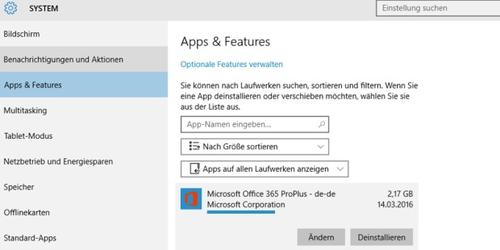 Apps & Features zeigt alle auf dem Rechner installierten Programme an - auf Wunsch auch nach Größe sortiert (c) pcwelt.de