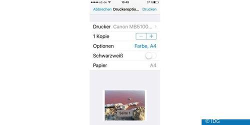 Apple Airprint: Die Druckfunktion ist in den vorinstallierten Apps integriert. Allerdings lässt sich nur sehr wenig einstellen. (c) IDG