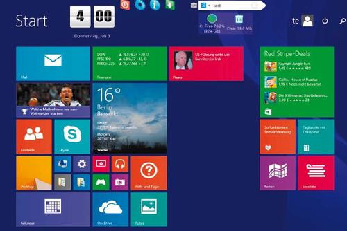 Start Screen Unlimited: Das Tool baut neue Elemente in das Startmenü von Windows 8 ein. Sie sehen beispielsweise eine Uhr und ein Eingabefeld für die Internet- Suche. (c) pcwelt.de