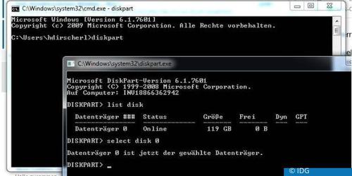 Der Befehl diskpart ist mit Vorsicht zu gebrauchen. Denn das Löschen startet ohne weitere Nachfrage! Auf dem Screenshot wählten wir die einzige vorhandene Festplatte unseres Arbeitsplatzrechners aus. (c) IDG