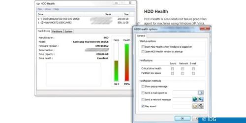 HDD Health liest die SMART-Parameter aus und schlägt beim Überschreiten kritischer Werte Alarm. Auf Wunsch kann man sich auch per Mail benachrichtigen lassen. (c) IDG
