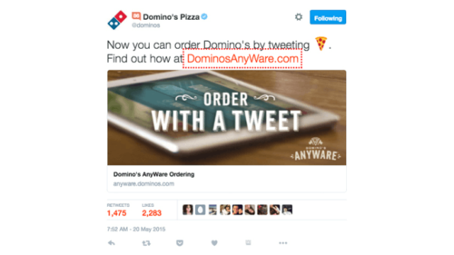 Pizza kommt per #EasyOrder Seit Mai 2015 können Domino's-Kunden die Lieferung ihrer Lieblingspizza per Twitter veranlassen – dazu posten sie ein 