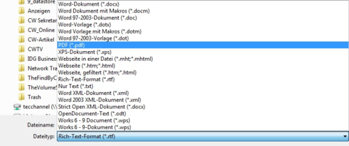 Um in Word ein PDF zu speichern, gehen Sie über die Befehlsfolge Datei/Speichern unter und wählen unter Dateityp den Eintrag PDF aus. (c) computerwoche.de