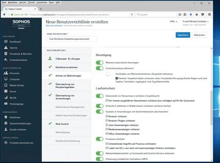 Sophos Endpoint Protection kombiniert mit Sophos Intercept X: Im Rahmen des Konzepts Synchronized Security kann der Administrator über die zentrale Webkonsole die Endgeräte beispielsweise auch automatisiert vor Exploits und Ransomware schützen lassen. (c) computerworld.ch