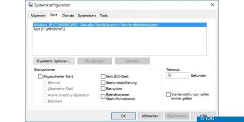 Windows 10 Bootmanager verwalten: Mit dem Windows-10-Bordmittel msconfig können Sie zum Beispiel das standardmäßig zu startende System festlegen. (c) IDG
