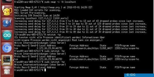 Zunächst haben wir mit einem Standard-Nmap-Scan die ersten 1000 Ports unseres Tuxedo-Notebooks überprüft. Danach starteten wir netstat -tp (einmal ohne und einmal mit Root-Rechten). Dabei entdeckten wir, dass für die Ubuntu-Online-Produktsuche ein Port offen ist. Unter 