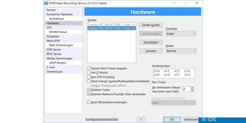 DVB Viewer Recording Service: Unter „Hardware“ sehen Sie in der Konfiguration die gefundenen Geräte. (c) IDG