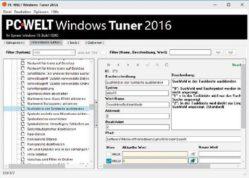 In der Datenbank von PC-WELT Windows Tuner sehen Sie Beschreibungen der Einträge. Sie können auch selbst neue Einstellungen einbauen. (c) tecchannel.de