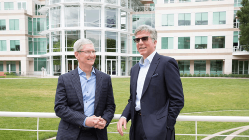 Apple-CEO Tim Cook und SAP-CEO Bill McDermott verkünden am Apple-Campus in Cupertino eine neue Parterschaft, um die geschäftliche Nutzung von iPhones und iPads zu 'revolutionieren'. (c) Apple/Roy Zipstein