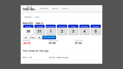 Time & Bill Wer sich bei Time & Bill einloggt, kann direkt sein Arbeitszeit eintragen. Die Wochenarbeitszeit hat er ebenfalls im Blick. (c) Yvonne Göpfert