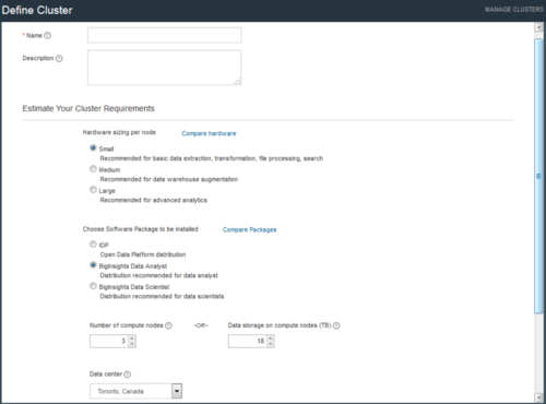 Beim Einrichten eines Hadoop-Clusters auf IBM Bluemix hat der Anwender die Wahl zwischen drei Cluster-Größen. (c) computerwoche.de