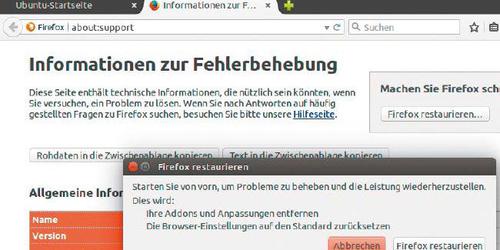 Mozilla empfiehlt den Reset des Browsers als Allheilmittel gegen eine Vielzahl von Problemen. Benutzerdaten wie Lesezeichen, Passwörter und Cookies bleiben erhalten. (c) Wolski