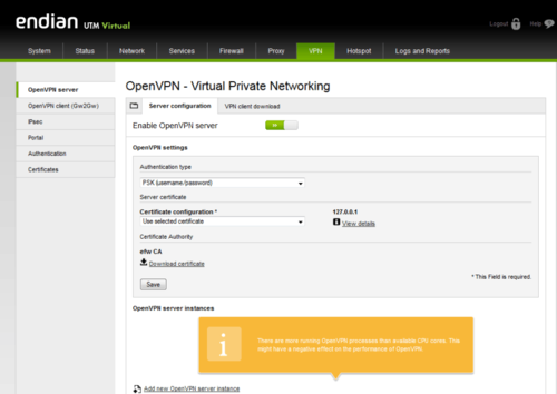 Aktuelle UTM-Firewalls wie hier die Endian UTM Virtual stellen ebenfalls VPN-Zugänge bereit. Dazu gehören dann teilweise auch integrierte OpenVPN-Server. (c) Bär und Schlede