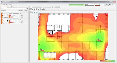 Professionelle Wi-Fi-Überwachungs- und -Planungs-Tools erstellen solche funktechnischen «Wärmekarten» der Büroräumlichkeiten (c) Ekahau