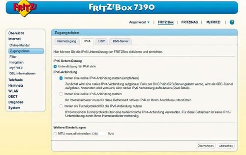 IPv6: Bei der Fritzbox beispielsweise aktivieren Sie die grundlegende Unterstützung für den neuen Internetprotokoll-Standard im Konfigurationsmenü des Routers. (c) tecchannel.de