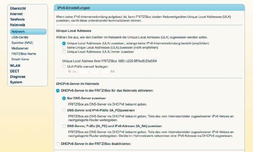 Um IPv6 im Heimnetzwerk zu benutzen, nachdem Sie das neue Protokoll aktiviert haben (oben), wählen Sie in den IPv6-Detaileinstellungen der Fritzbox die Vergabe der „Unique Local Addresses“ (ULA). (c) tecchannel.de