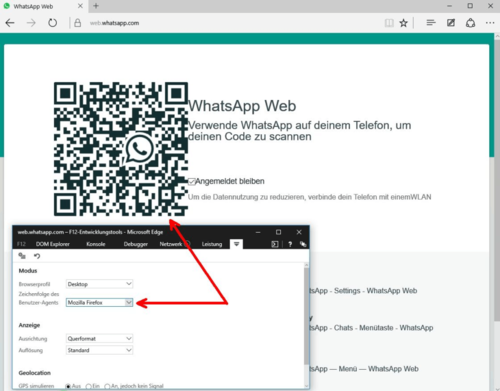 WhatsApp Web: Per Emulation können Sie die browsergestützte Version von WhatsApp auch in Edge verwenden. (c) Rieske