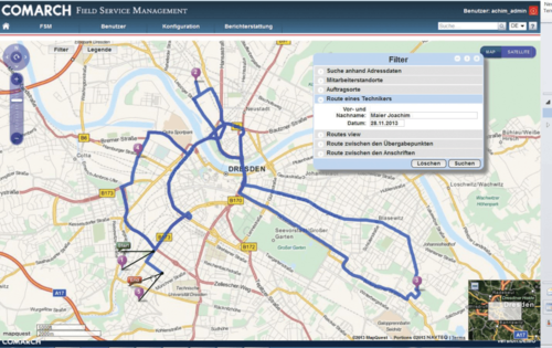 Auf dem richtigen Weg: Comarch Field Service Management unterstützt bei der Verwaltung des Außendienstes und zeigt die Routen einzelner Mitarbeiter an. (c) Comarch