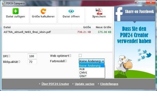 PDF24 Creator reduziert den Umfang einer PDFDatei nach individuellen Werten bei „DPI“ und „Bildqualität“. Sie lassen sich durch die Auswahl des Farbmodells und die Funktion „Web optimiert“ weiter definieren. (c) computerwoche.de