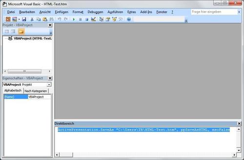 Einzeiler: Mit nur einer VBA-Codezeile im Direktbereich können Sie auch in neueren PowerPoint-Versionen eine Datei im HTML-Format speichern. (c) PC-Welt