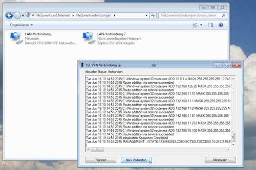 SSL-VPN-Integration unter Windows 7: Hier hat eine kommerzielle Lösung direkt eine neue Netzwerkverbindung installiert, die dem Nutzer direkten Zugang gewährt. (c) Schlede und Bär