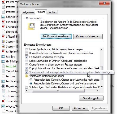Beim Dateizugriff bemerkt ein Anwender nicht, dass er auf eine verschlüsselte Datei zugreift: Hat er bei den Ordneroptionen die entsprechende Einstellung gewählt so werden ihm diese Dateien aber in einer anderen Farbe angezeigt. (c) Bär/Schlede