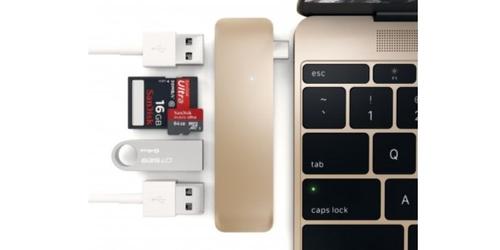 Bohrt die einzige USB-C-Buchse des Macbook auf: Satechi Type-C USB 3.0 3 in 1 Combo Hub (c) pcwelt.de