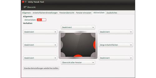 „Aktive Ecken“ im Unity Tweak Tool: Sparsam eingesetzt ist diese Option ein Komfortgewinn. (c) Apfelböck