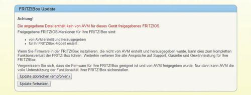 Trotz dieser Warnung von AVM können Sie dem Router eine alternative Firmware unterschieben (c) Thomas Rau