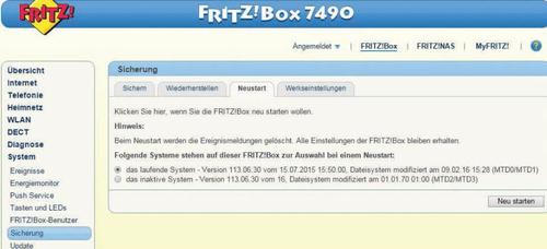 Das modfs-Tool richtet einen Umschaltknopf im Fritzbox-Menü ein, um zwischen den Firmwares zu wechseln. (c) Thomas Rau