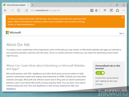 Personalisierte Microsoft-Werbung im Browser stellt für viele Nutzer ein Ärgernis dar. Hier muss bezogen auf die Privacy-Einstellungen ebenfalls dringend nachgebessert werden. (c) Infoworld