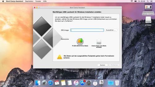 Boot Camp: Das Tool kann über einen Assistenten die interne Festplatte von Mac OS X partitionieren, die ISO-Datei von Windows 10 auf einen USB-Stick übertragen und die Installation steuern. Das macht es Anfängern leichter, Windows 10 zusammen mit Mac OS X auf einem Rechner zu betreiben. (c) Thomas Joos