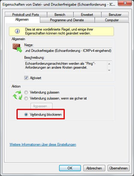 Gesperrt: Ping-Anfragen von anderen Netzwerkrechnern lassen sich über eingehende Regeln blockieren. (c) Thomas Rieske